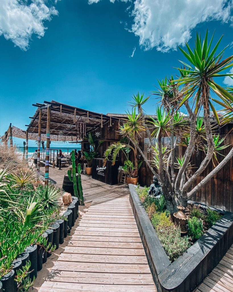Beachside bar with lush tropical plants, wooden pathway, and a thatched roof structure overlooking the ocean in Lisbon. Perfect for enjoying spring weather and scenic coastal views.