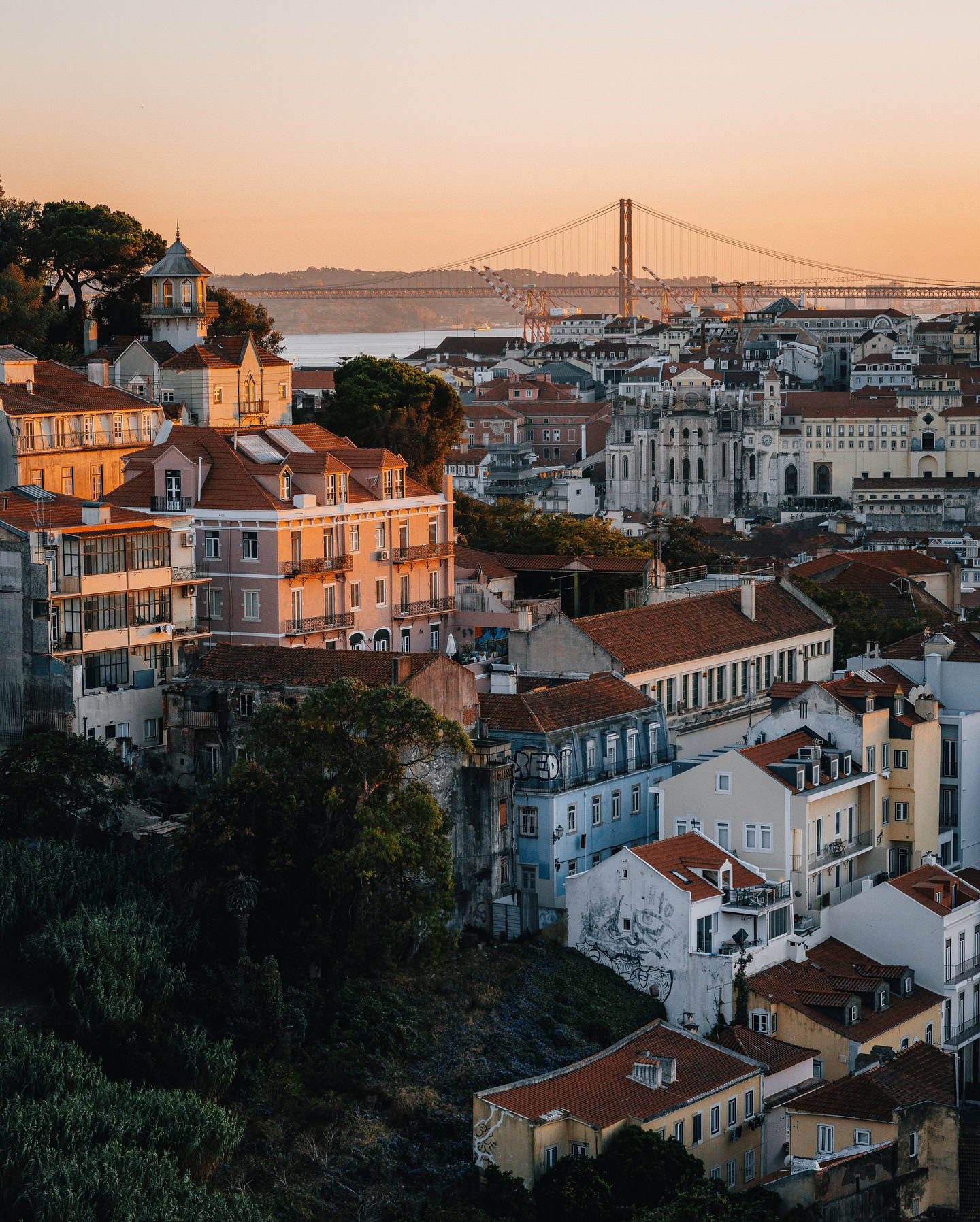 First Time in Lisbon: Everything You Need to Know 1 Panoramic view of Lisbon's colorful rooftops and historic buildings with the iconic 25 de Abril Bridge in the background during sunset.