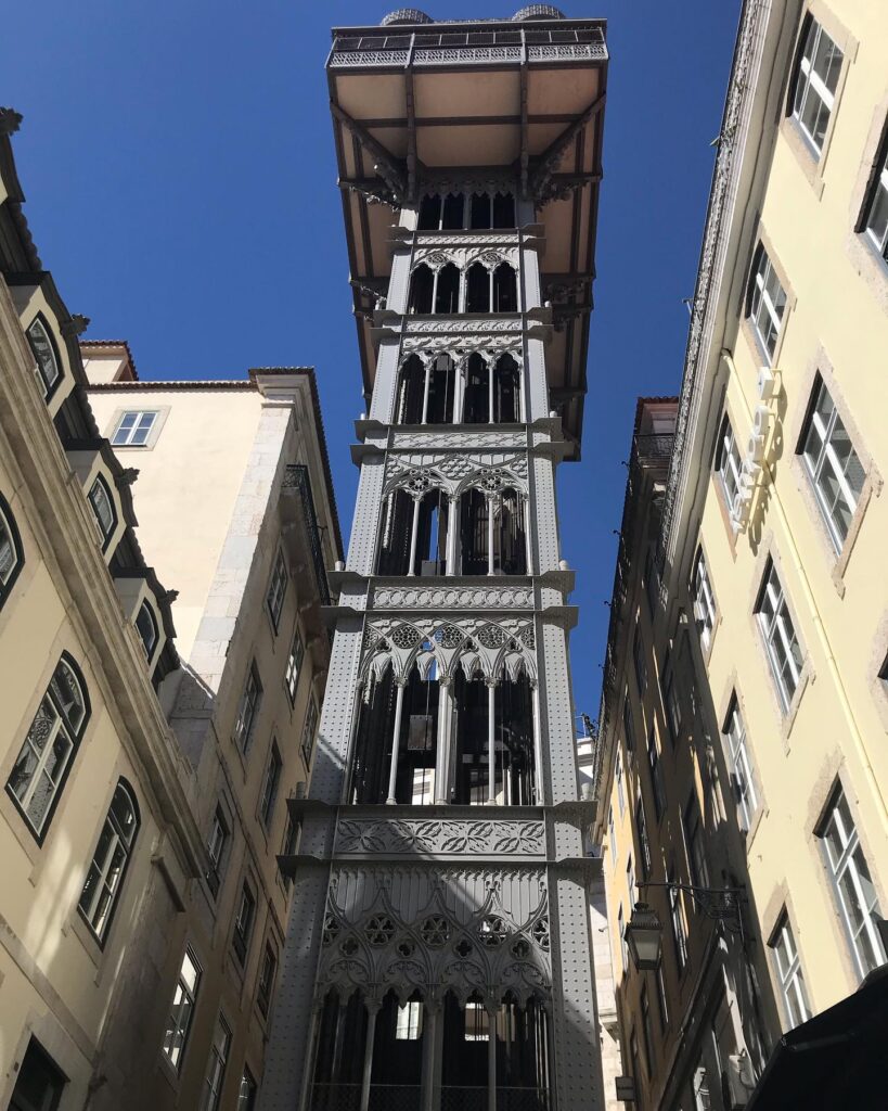 Elevador de Santa Justa in Lisbon, Portugal, showcasing its intricate iron architecture and historic design.