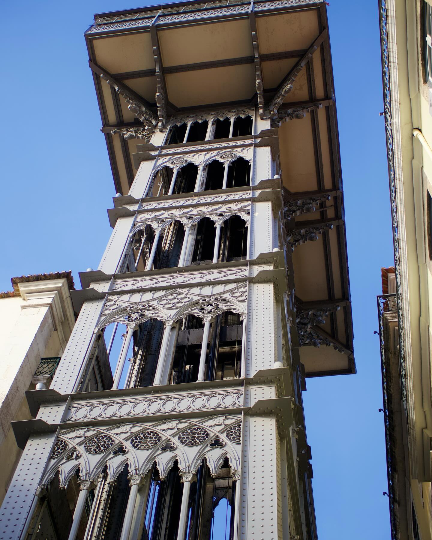 Iconic Santa Justa Lift in Lisbon, temporarily closed, showcasing its intricate iron architecture and historic design, a must-see landmark in Lisbon's city center.