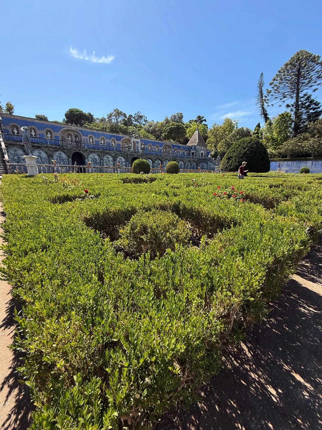 21 Amazing Castles in Lisbon and Its Surroundings 6 Luxurious botanical gardens in Lisbon featuring manicured hedges, vibrant flowers, and historic architecture under a bright blue sky. Ideal for relaxing strolls and enjoying Portuguese culture.