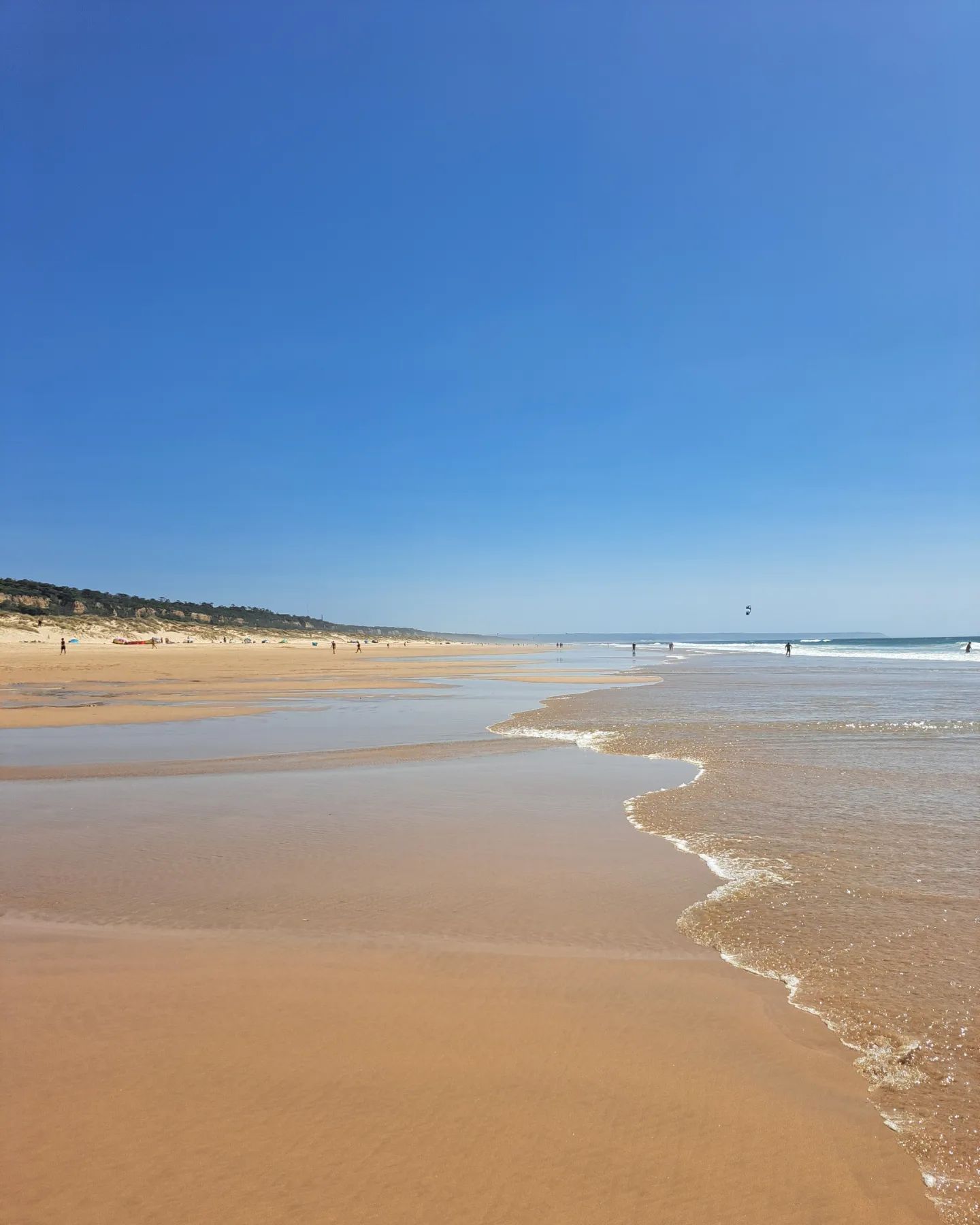 Scenic view of Lisbon's best beaches featuring golden sands, gentle waves, and a bright blue sky, perfect for sunbathing, swimming, and seaside activities.